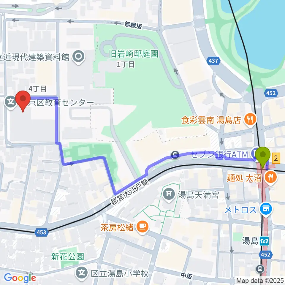 文京区青少年プラザb-labの最寄駅湯島駅からの徒歩ルート（約7分）地図