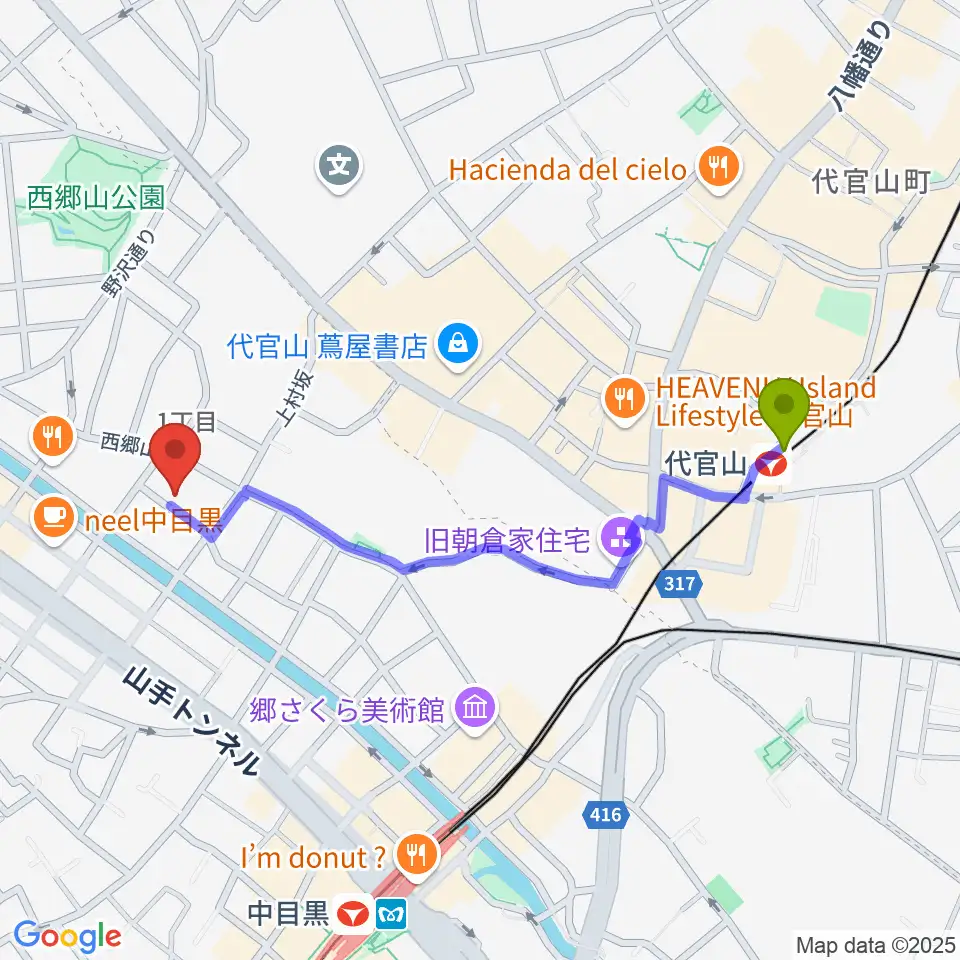 代官山駅から中目黒キンケロ・シアターへのルートマップ地図