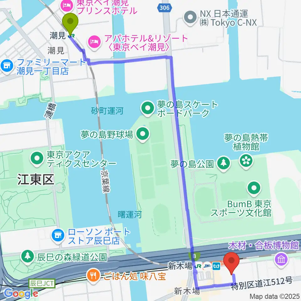 潮見駅から新木場1stRINGへのルートマップ地図