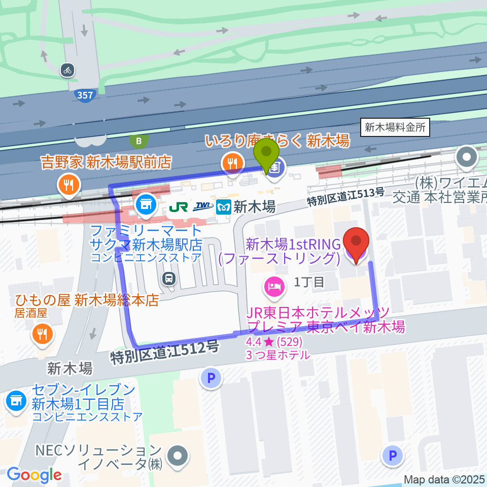 新木場1stRINGの最寄駅新木場駅からの徒歩ルート（約2分）地図