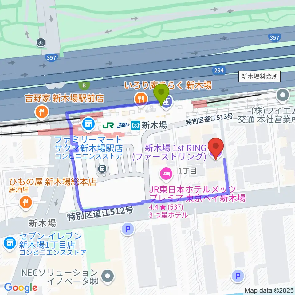 新木場1stRINGの最寄駅新木場駅からの徒歩ルート（約2分）地図