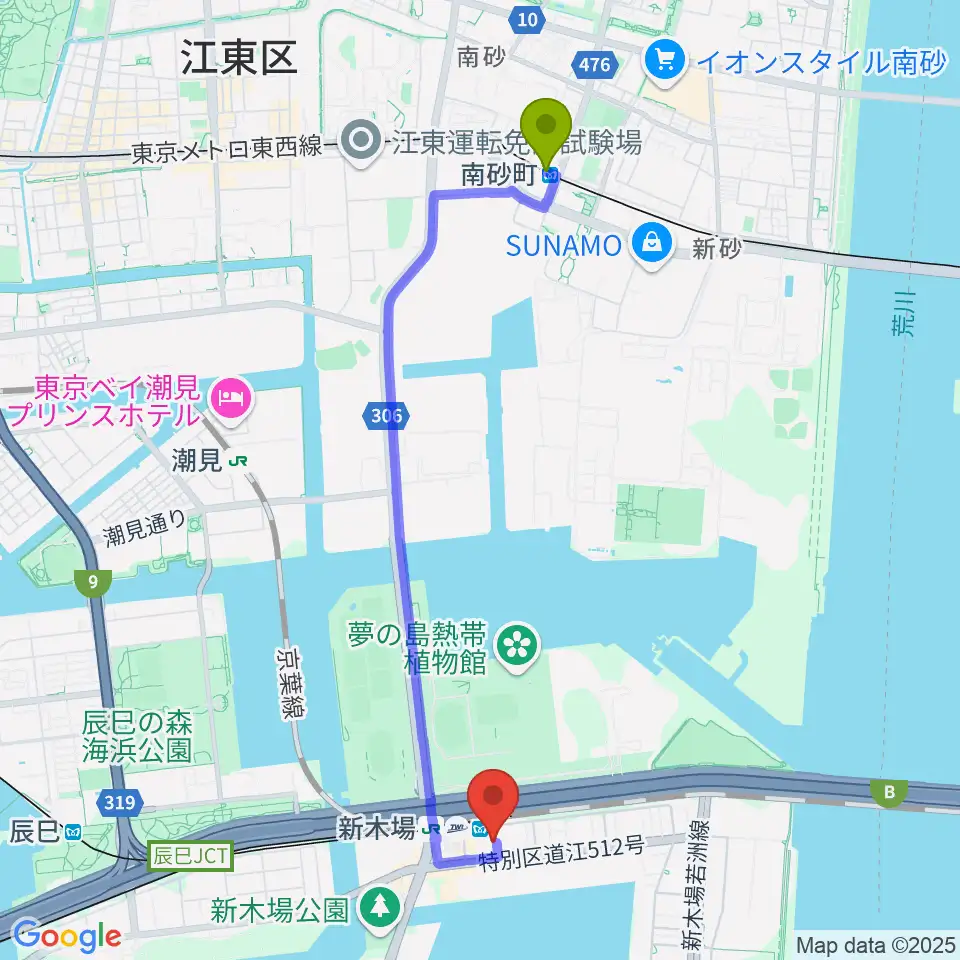 南砂町駅から新木場1stRINGへのルートマップ地図