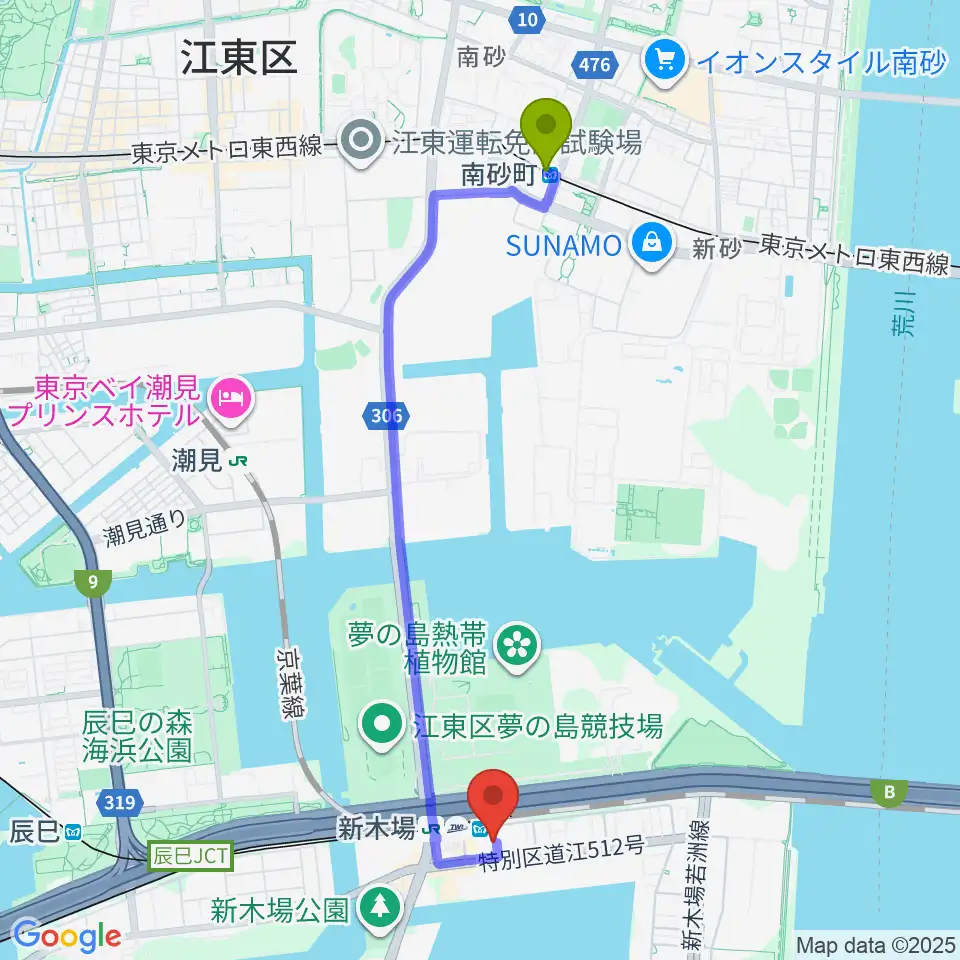 南砂町駅から新木場1stRINGへのルートマップ地図