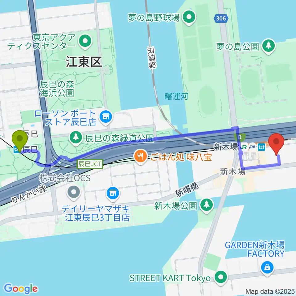 辰巳駅から新木場1stRINGへのルートマップ地図