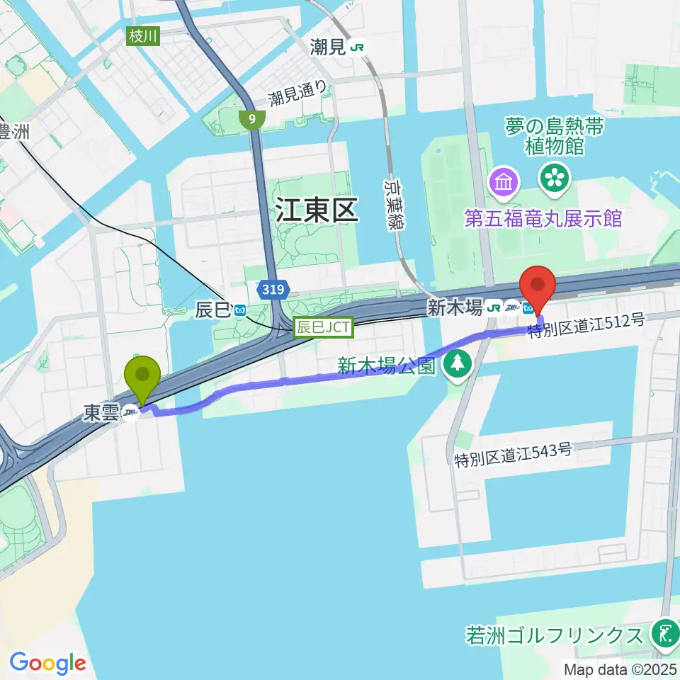 東雲駅から新木場1stRINGへのルートマップ地図