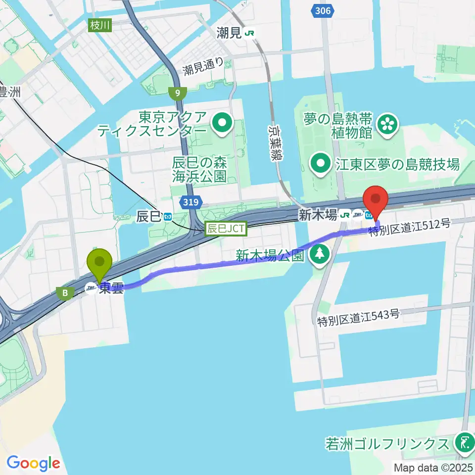 東雲駅から新木場1stRINGへのルートマップ地図