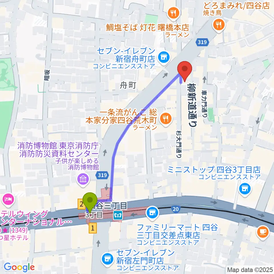 Bar un.10の最寄駅四谷三丁目駅からの徒歩ルート（約5分）地図
