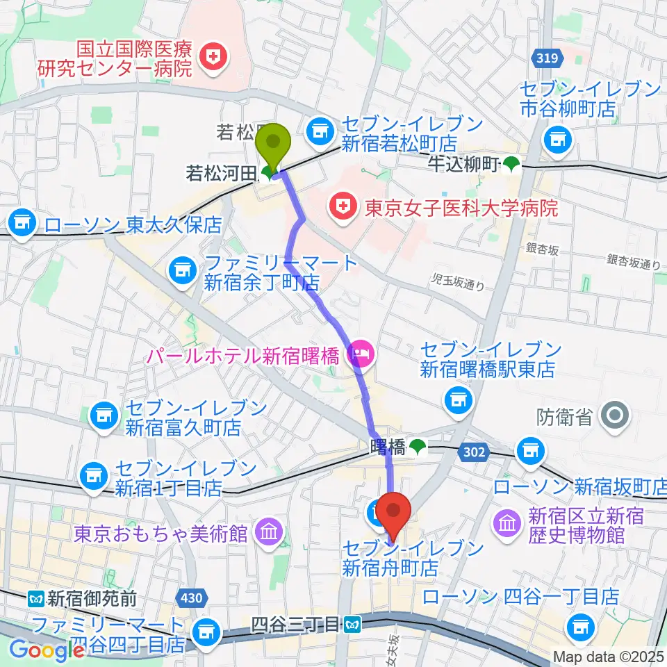 若松河田駅からBar un.10へのルートマップ地図