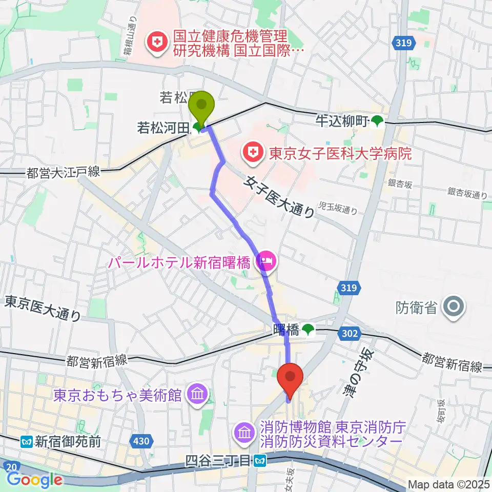 若松河田駅からBar un.10へのルートマップ地図