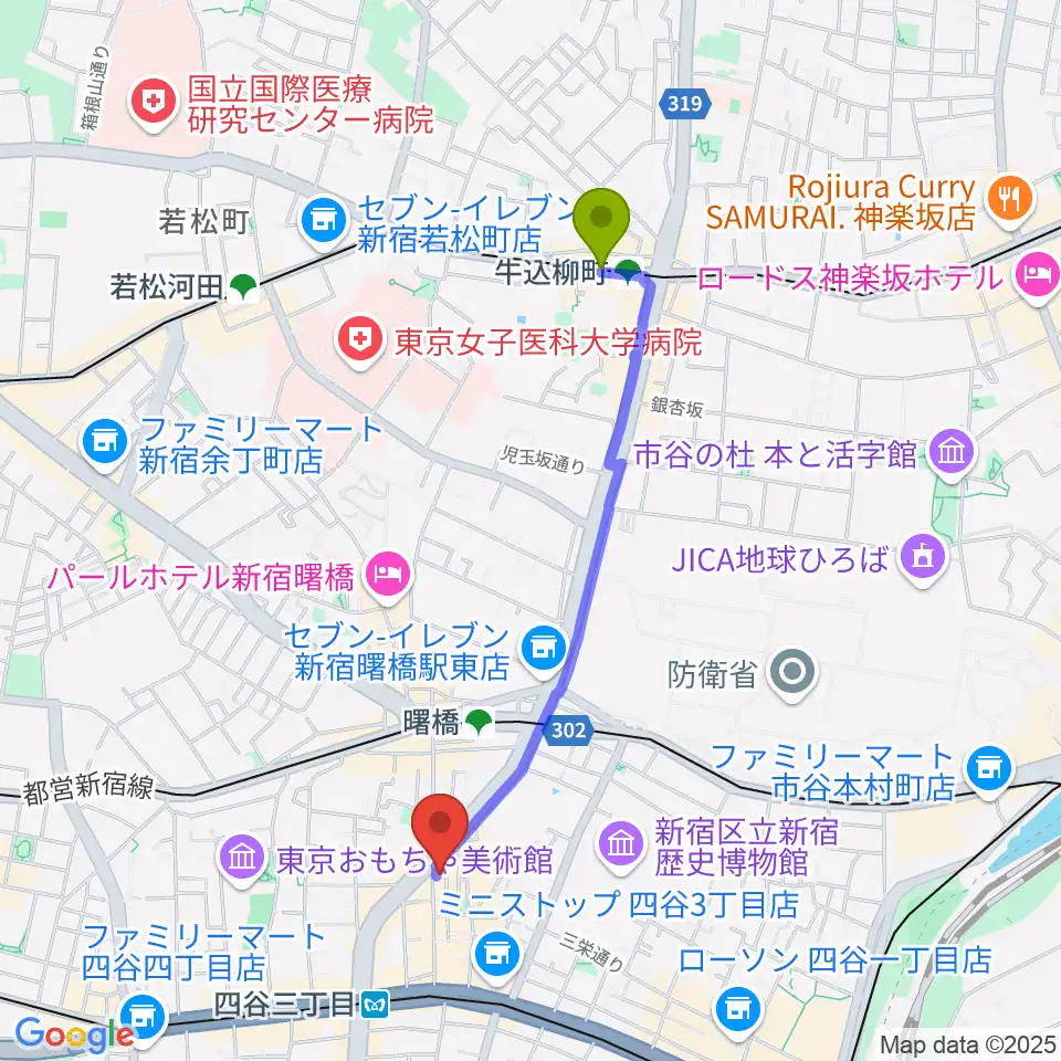 牛込柳町駅からBar un.10へのルートマップ地図