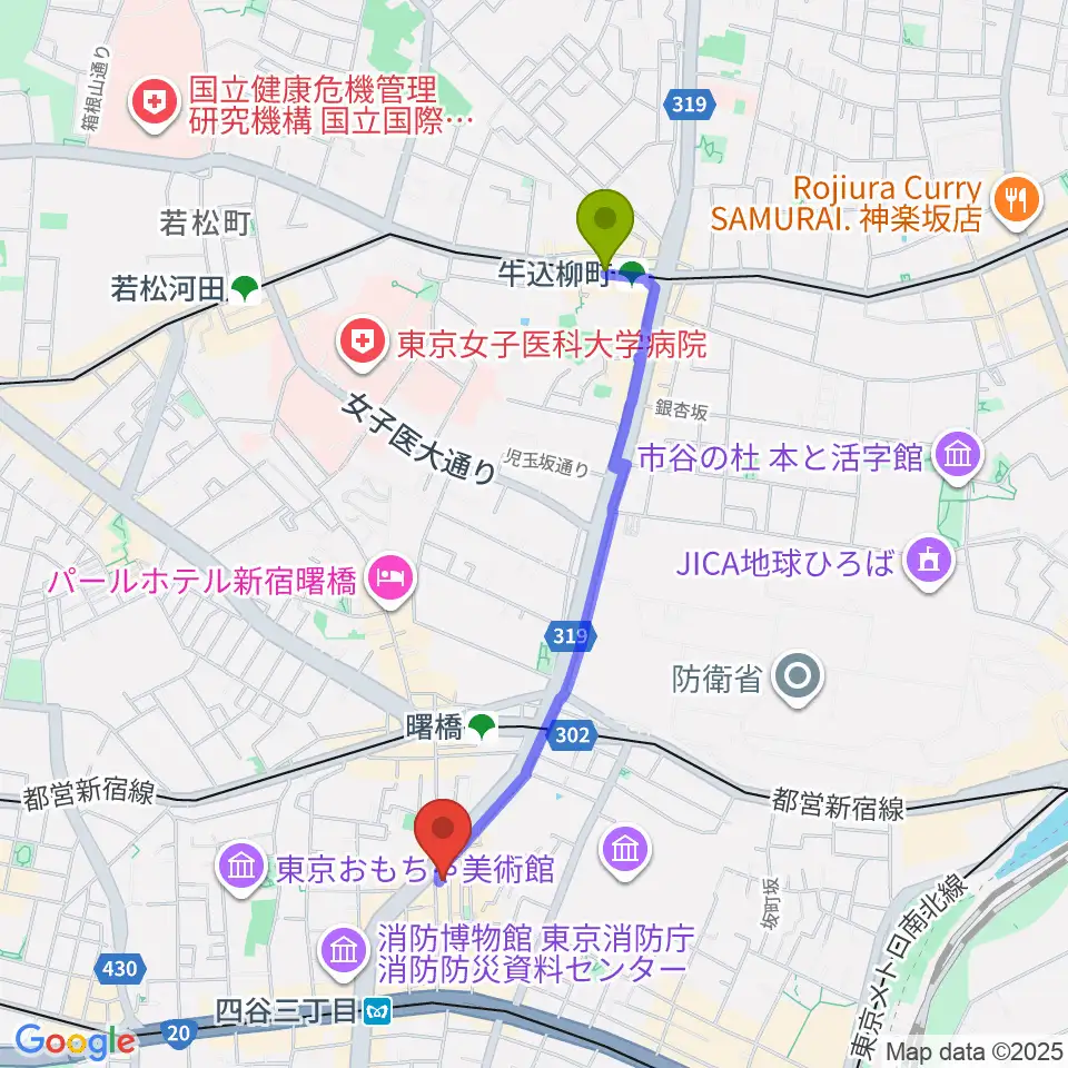 牛込柳町駅からBar un.10へのルートマップ地図