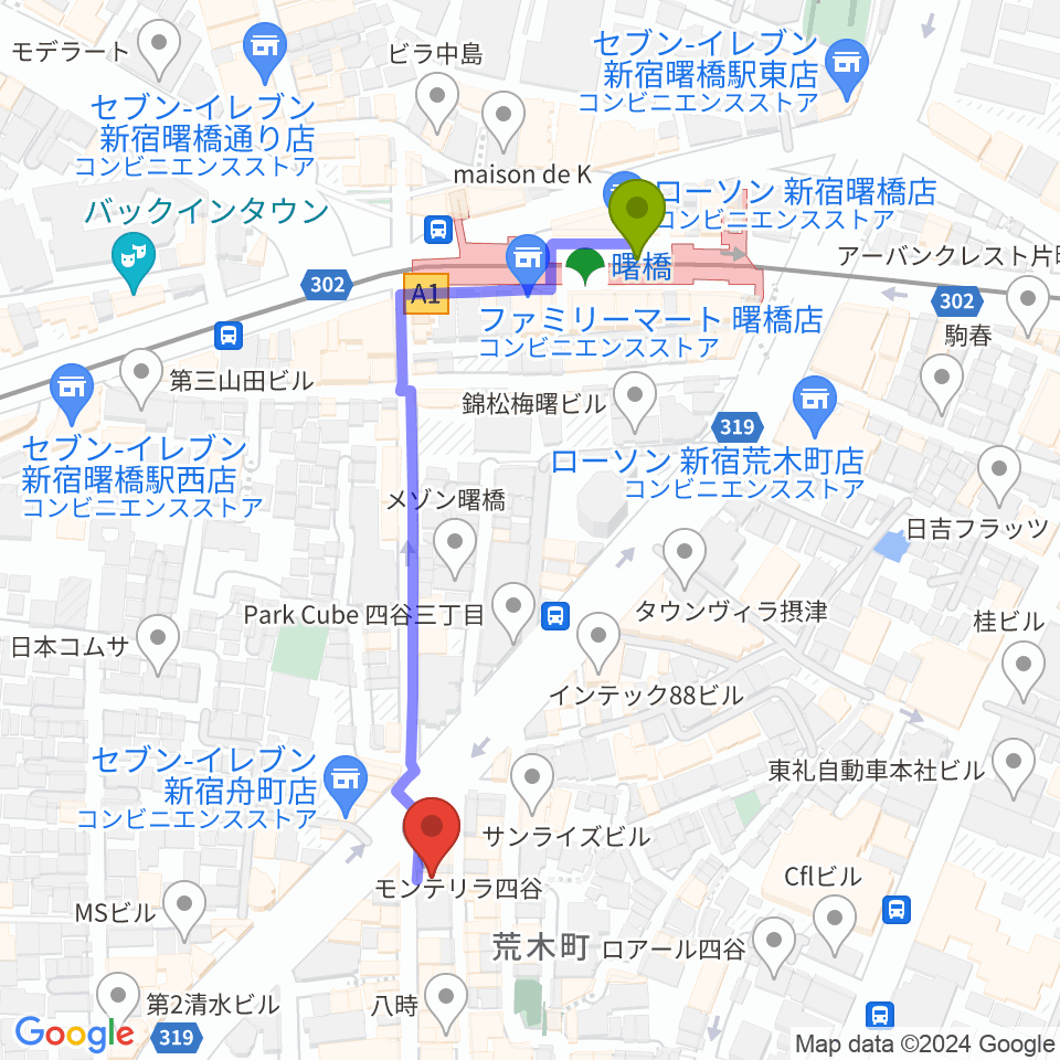 曙橋駅からBar un.10へのルートマップ地図