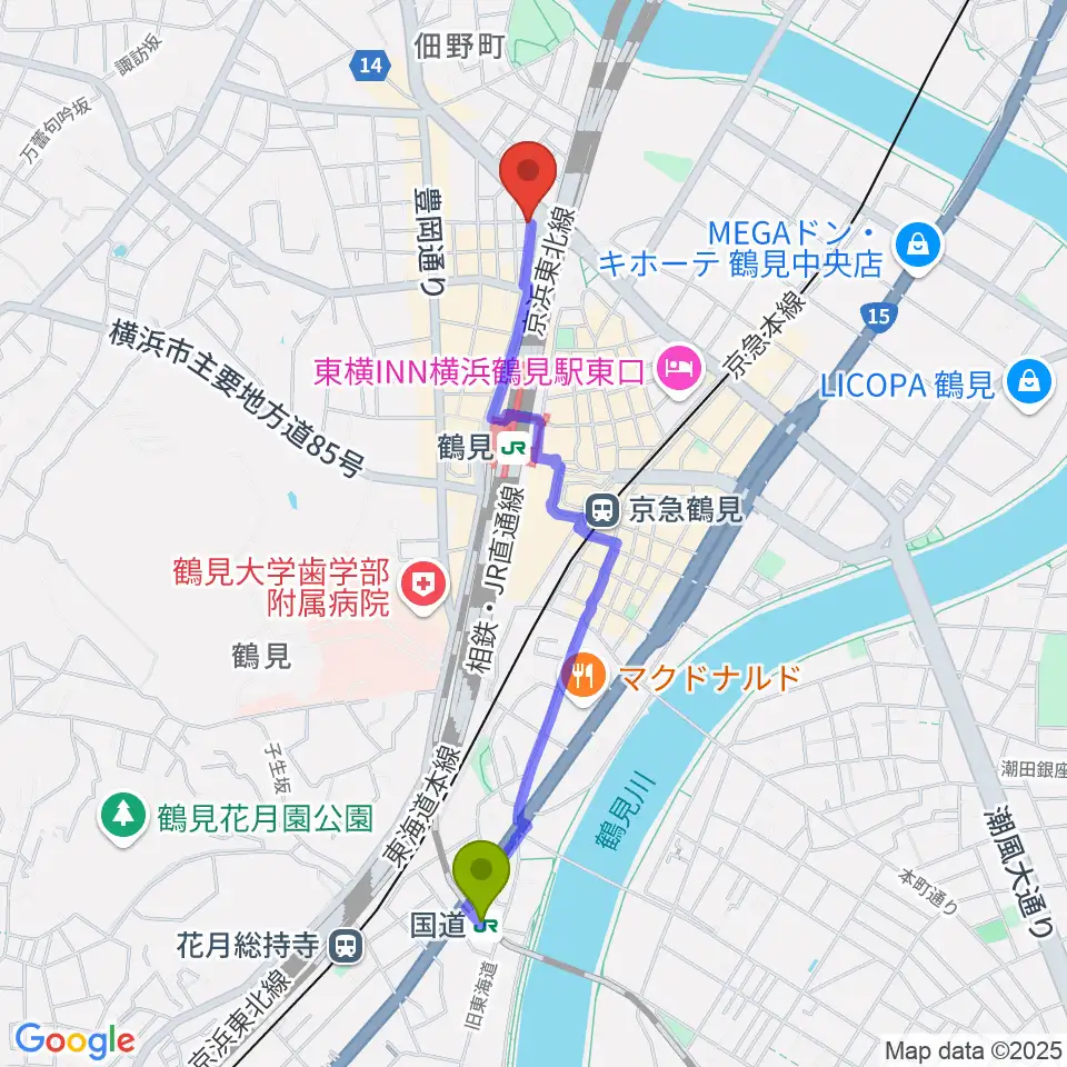 国道駅から鶴見GIGSへのルートマップ地図