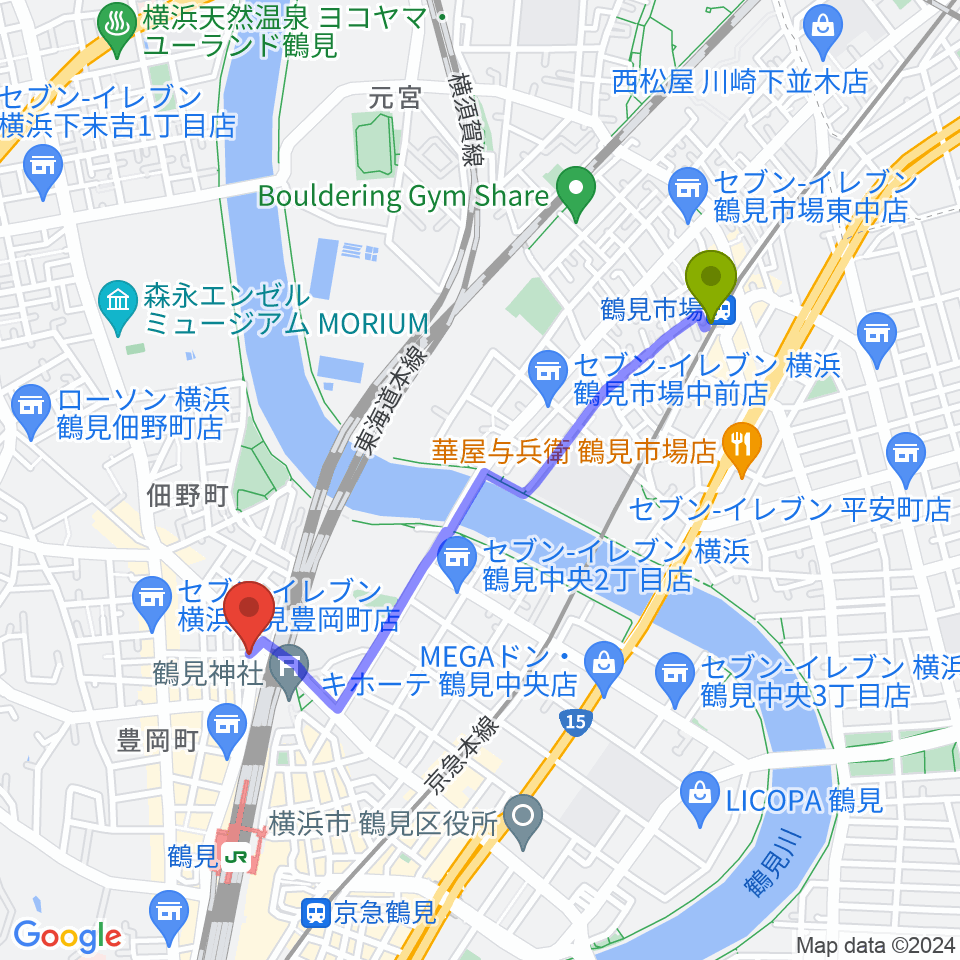 鶴見市場駅から鶴見GIGSへのルートマップ地図