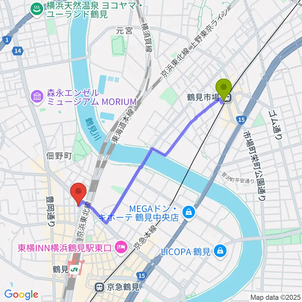 鶴見市場駅から鶴見GIGSへのルートマップ地図