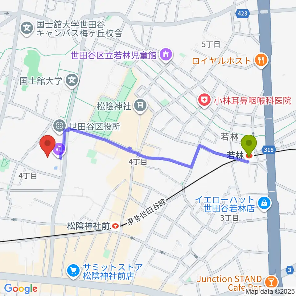 若林駅からせたがやイーグレットホールへのルートマップ地図