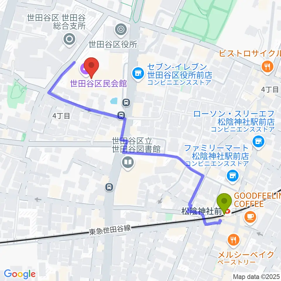 松陰神社前駅から世田谷区民会館へのルートマップ地図