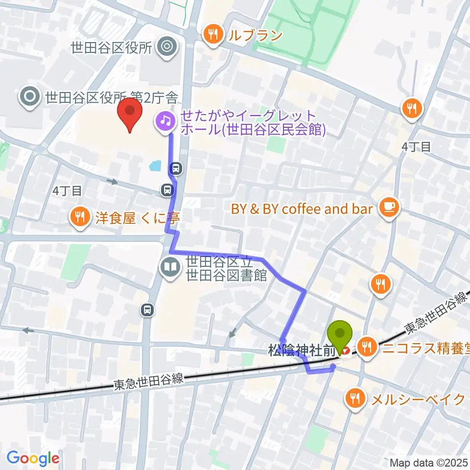 せたがやイーグレットホールの最寄駅松陰神社前駅からの徒歩ルート（約5分）地図