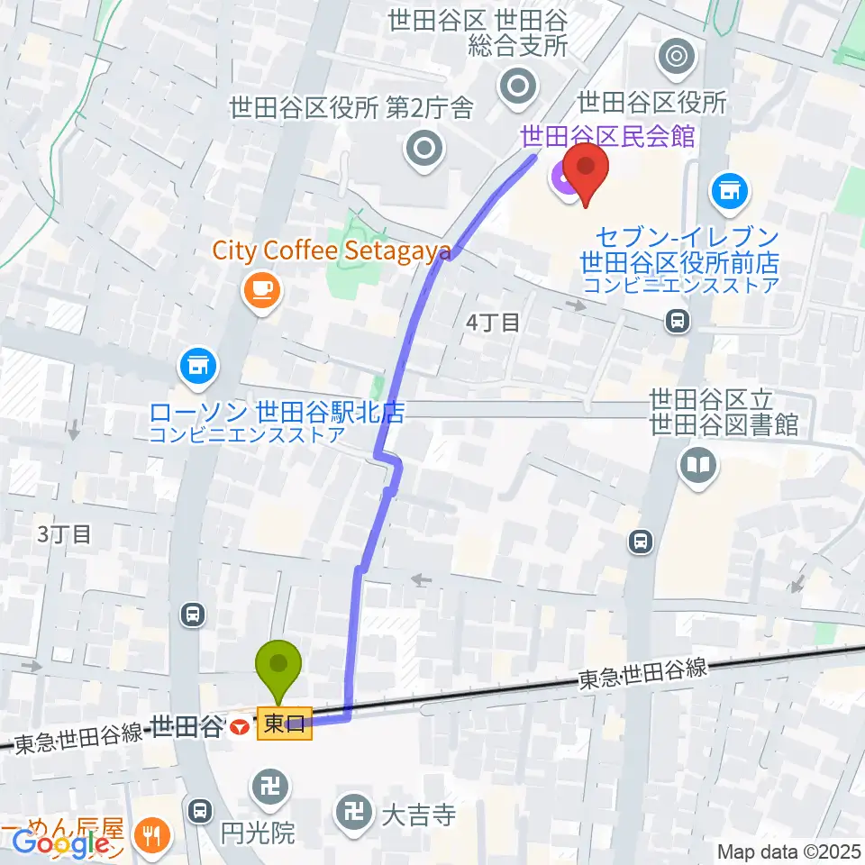 世田谷区民会館の最寄駅世田谷駅からの徒歩ルート（約5分）地図