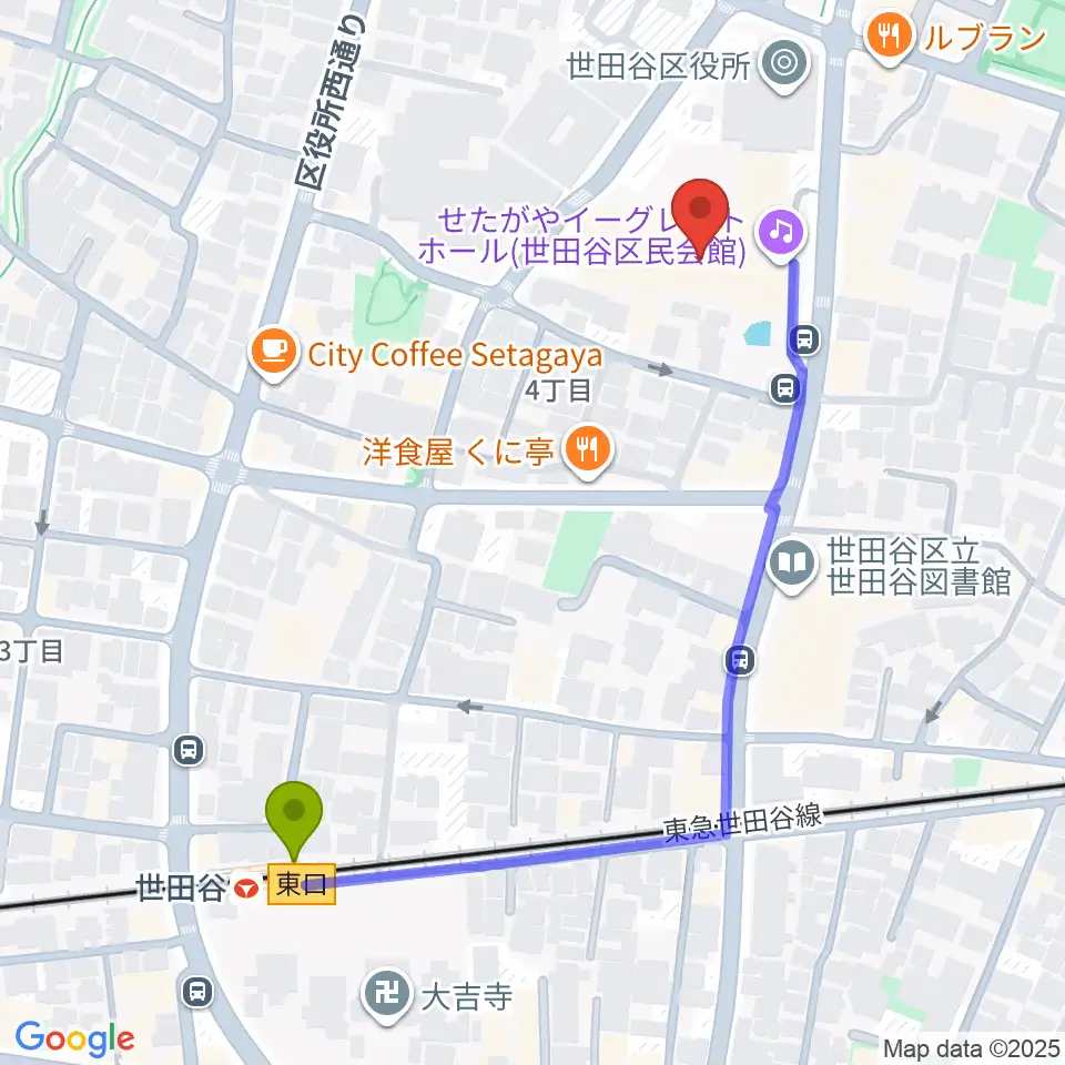 世田谷駅からせたがやイーグレットホールへのルートマップ地図