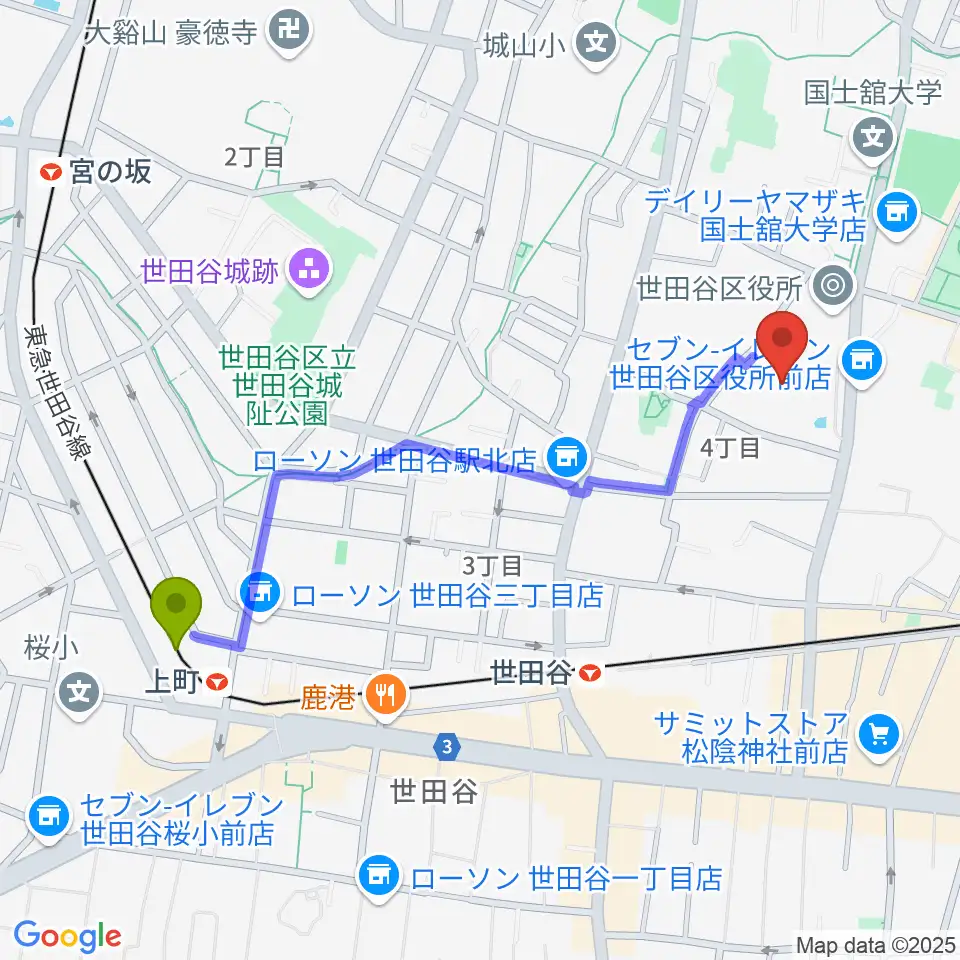 上町駅から世田谷区民会館へのルートマップ地図