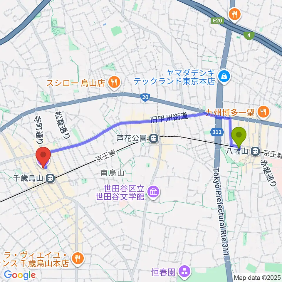 八幡山駅から烏山区民会館へのルートマップ地図