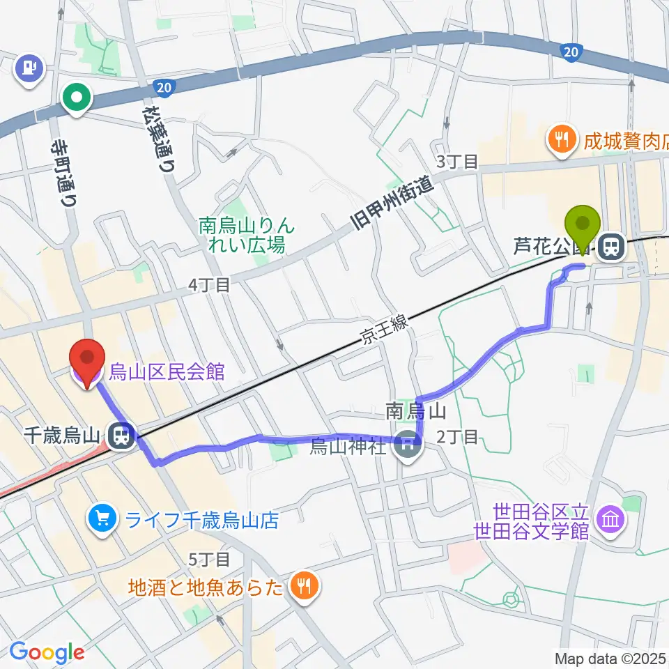 芦花公園駅から烏山区民会館へのルートマップ地図