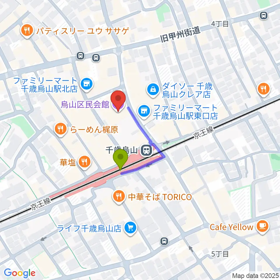 烏山区民会館の最寄駅千歳烏山駅からの徒歩ルート（約2分）地図