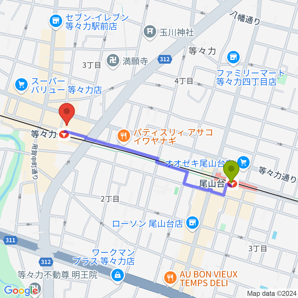 尾山台駅から玉川せせらぎホール（玉川区民会館）へのルートマップ地図