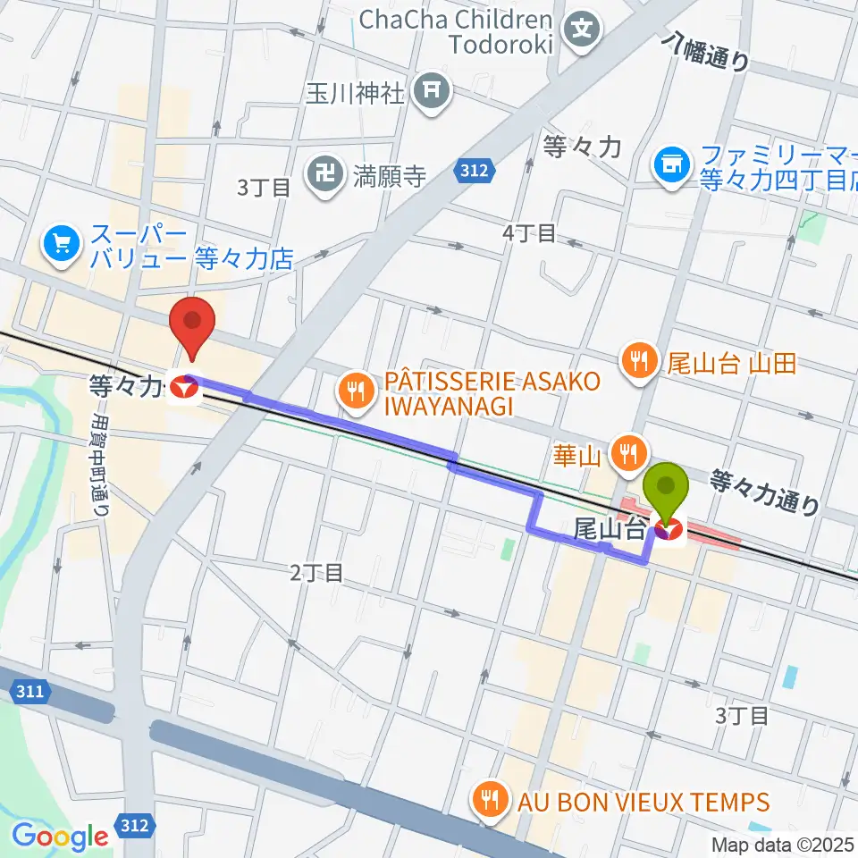 尾山台駅から玉川せせらぎホール（玉川区民会館）へのルートマップ地図