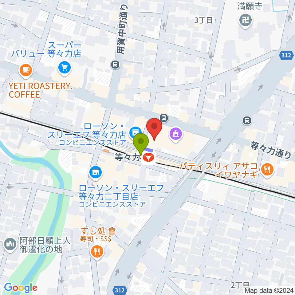 玉川せせらぎホール（玉川区民会館）の最寄駅等々力駅からの徒歩ルート（約1分）地図