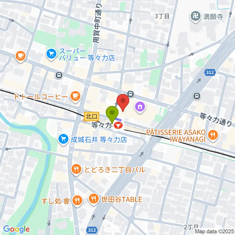 玉川せせらぎホール（玉川区民会館）の最寄駅等々力駅からの徒歩ルート（約1分）地図