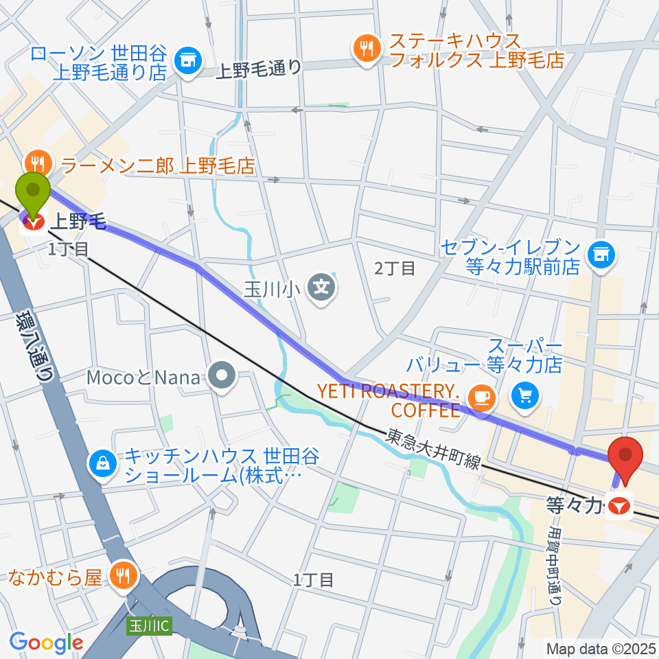 上野毛駅から玉川せせらぎホール（玉川区民会館）へのルートマップ地図