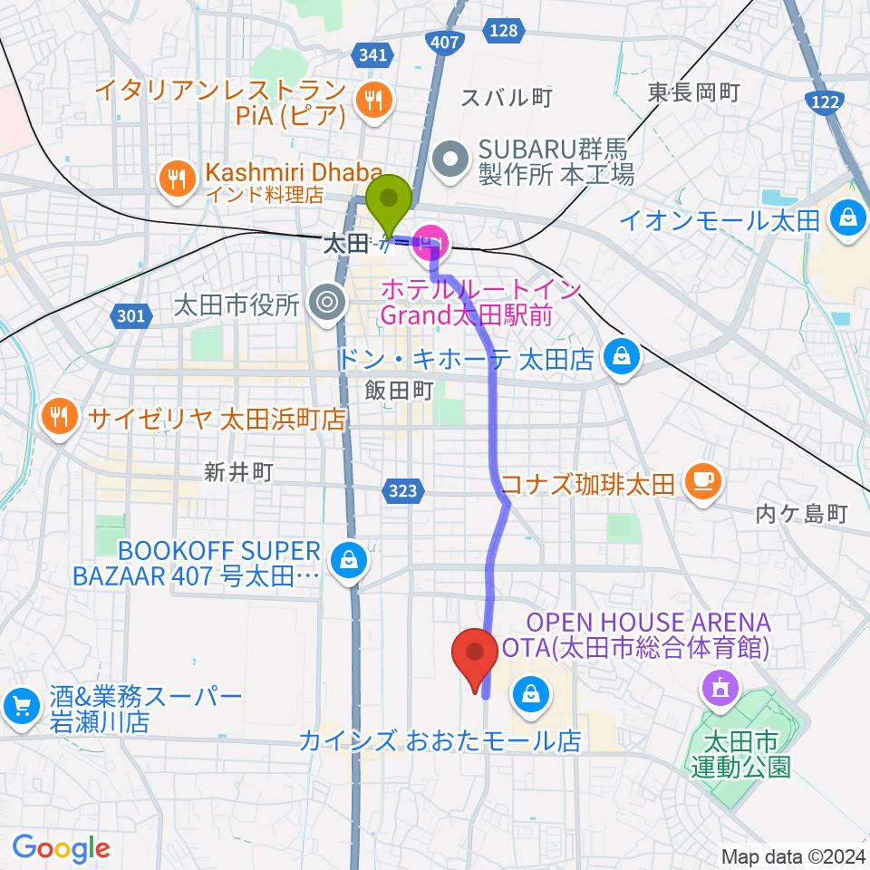 太田市民会館の最寄駅太田駅からの徒歩ルート（約33分）地図