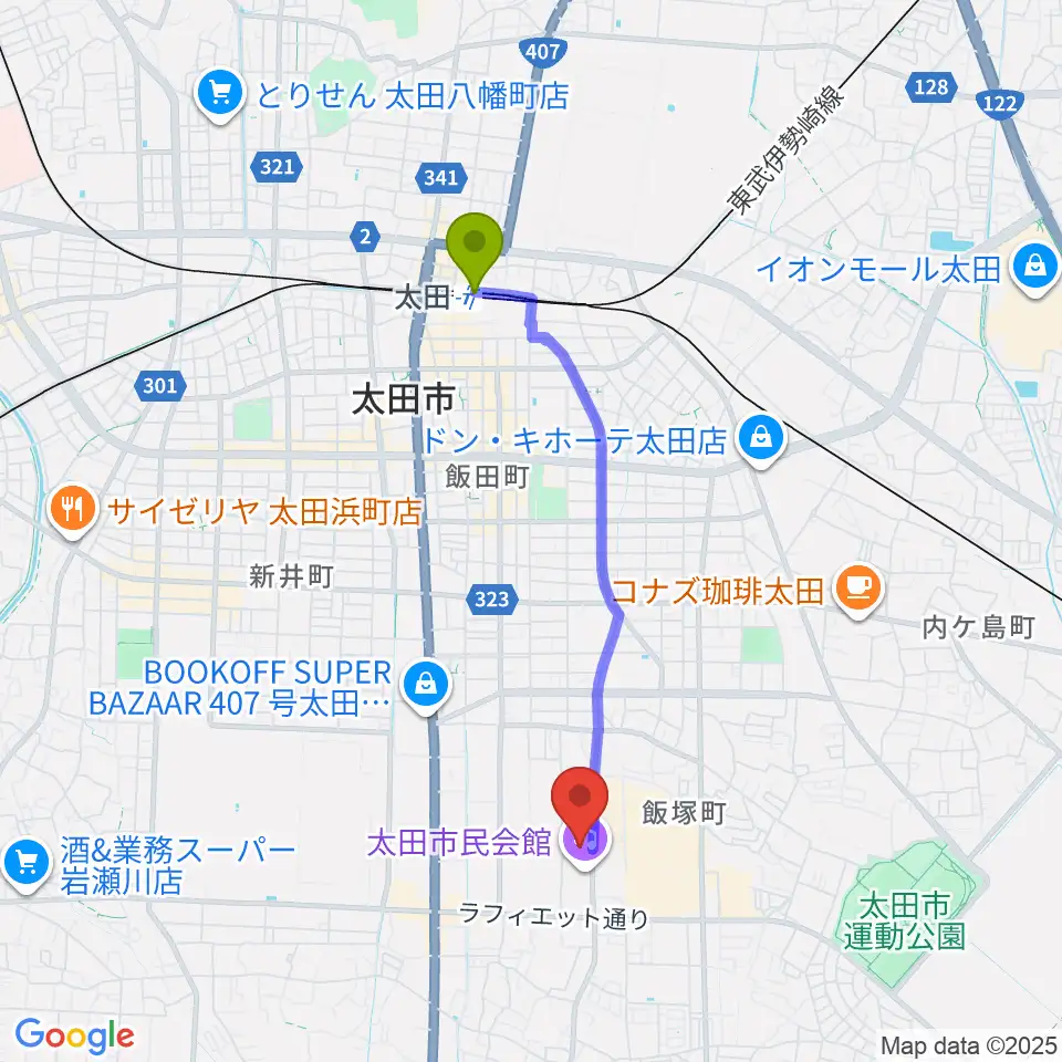 太田市民会館の最寄駅太田駅からの徒歩ルート（約33分）地図