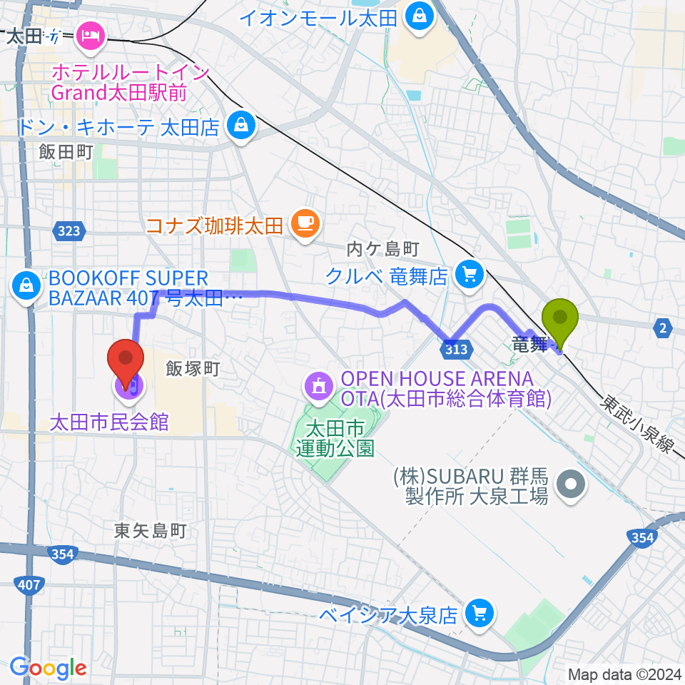 竜舞駅から太田市民会館へのルートマップ地図