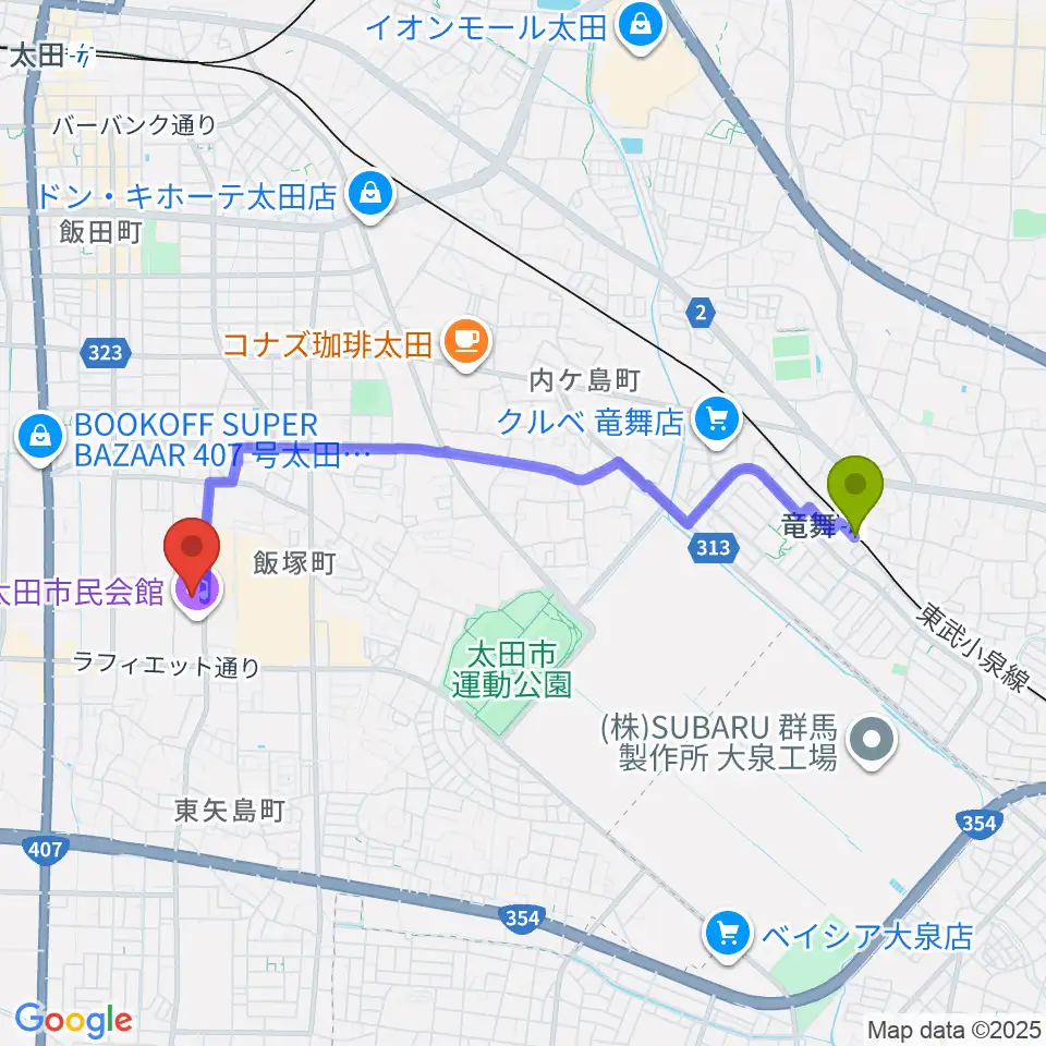 竜舞駅から太田市民会館へのルートマップ地図