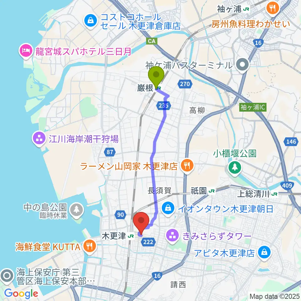 巌根駅からLive Spot Mickへのルートマップ地図