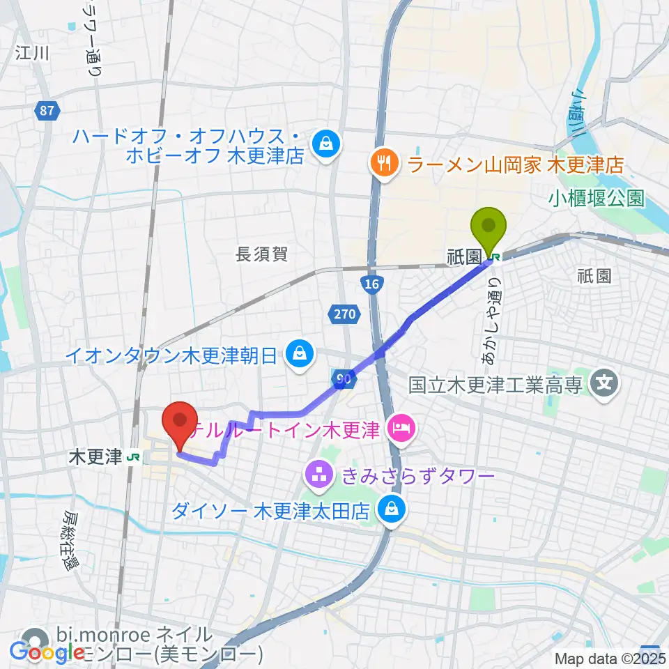 祇園駅からLive Spot Mickへのルートマップ地図