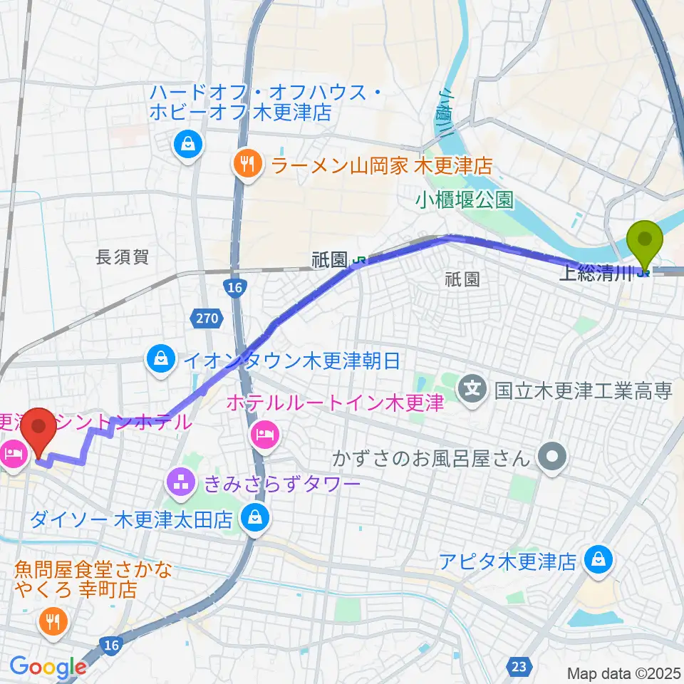 上総清川駅からLive Spot Mickへのルートマップ地図