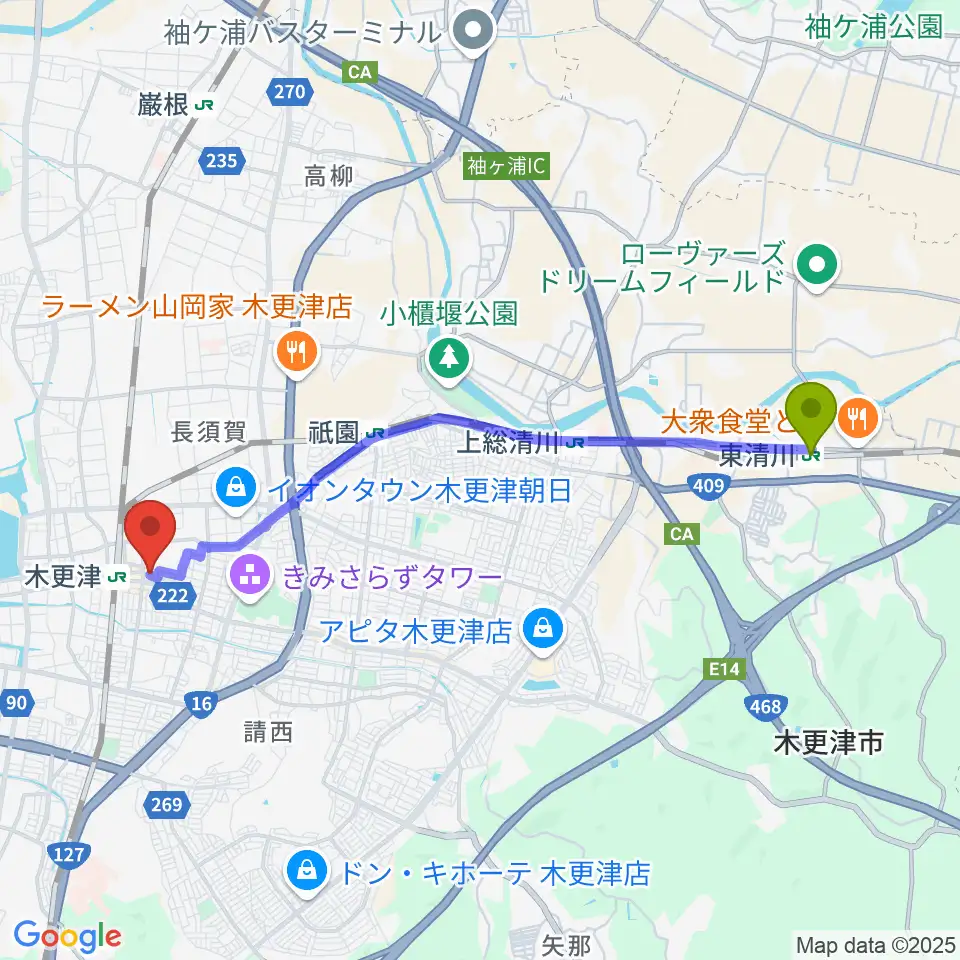 東清川駅からLive Spot Mickへのルートマップ地図