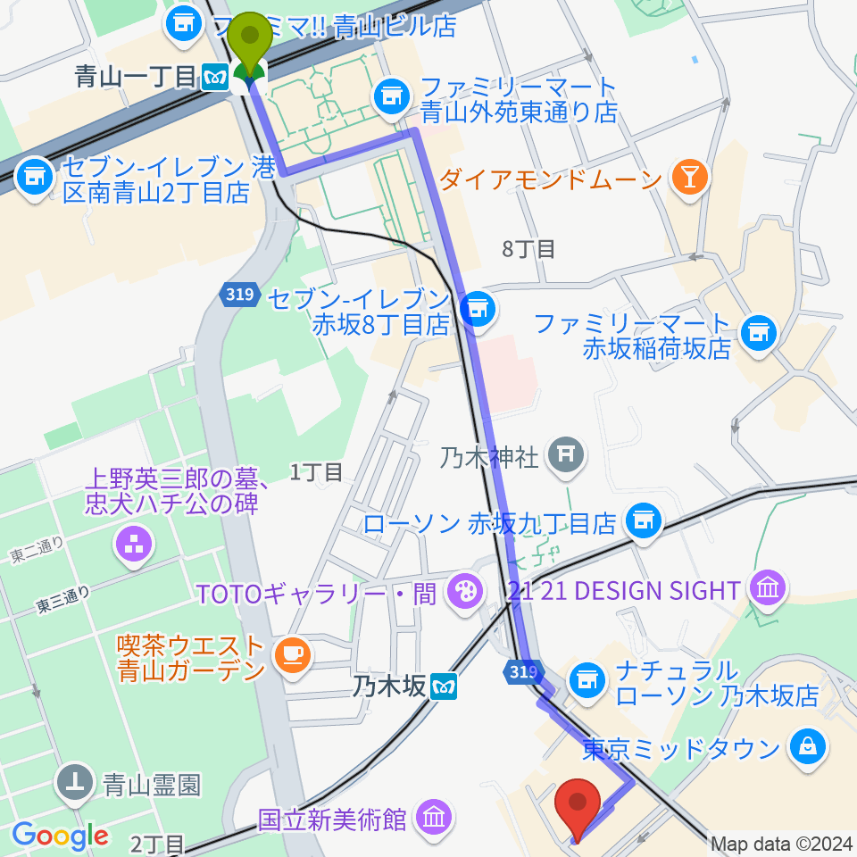 青山一丁目駅からキーストンクラブ東京へのルートマップ地図