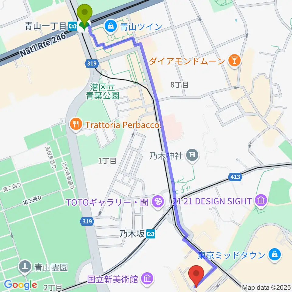 青山一丁目駅からキーストンクラブ東京へのルートマップ地図