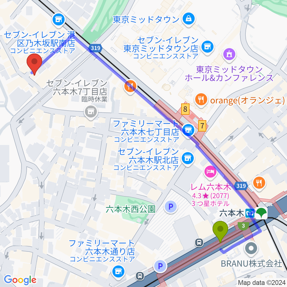 六本木駅からキーストンクラブ東京へのルートマップ地図