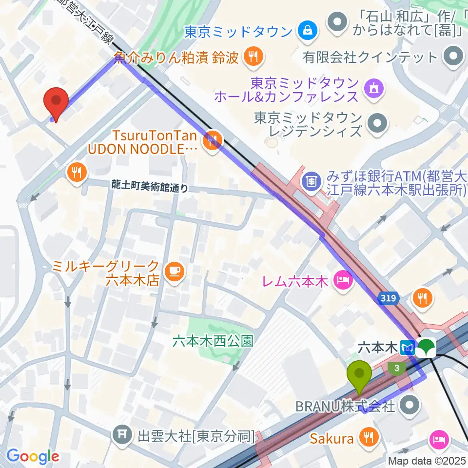 六本木駅からキーストンクラブ東京へのルートマップ地図