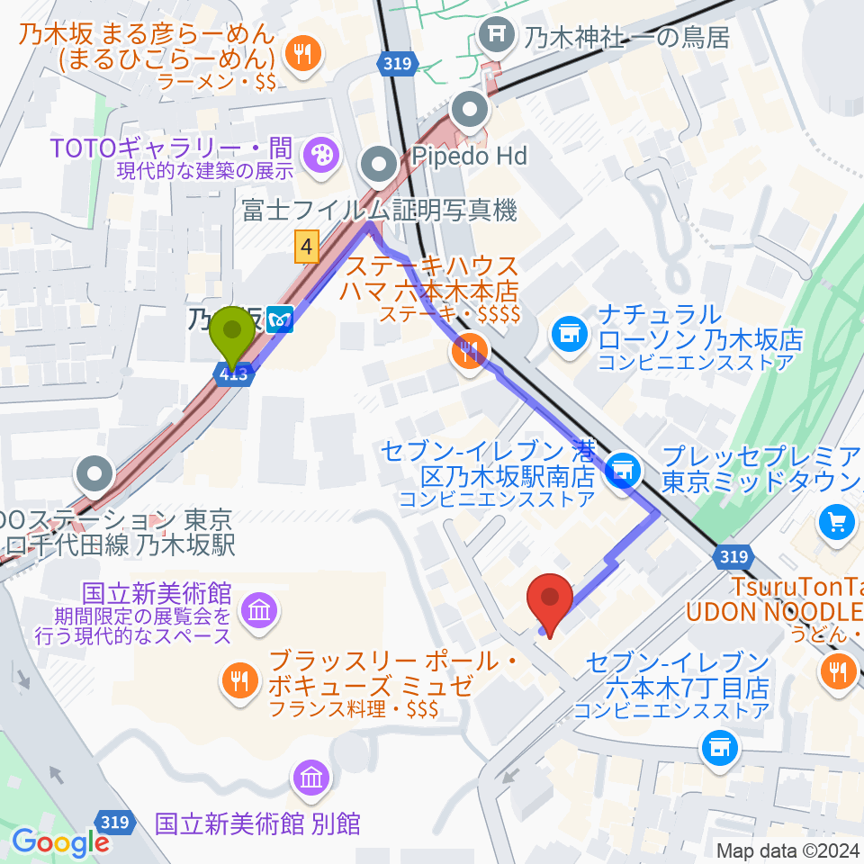 キーストンクラブ東京の最寄駅乃木坂駅からの徒歩ルート（約4分）地図