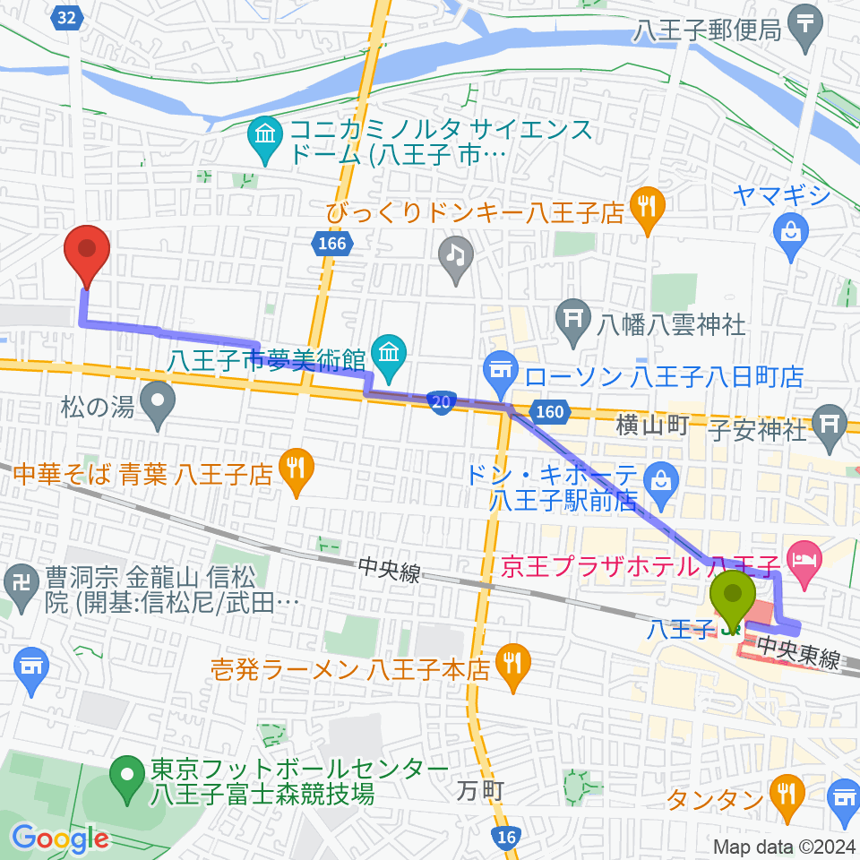 八王子駅から宮崎楽器へのルートマップ地図