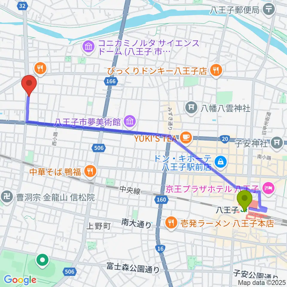 八王子駅から宮崎楽器へのルートマップ地図