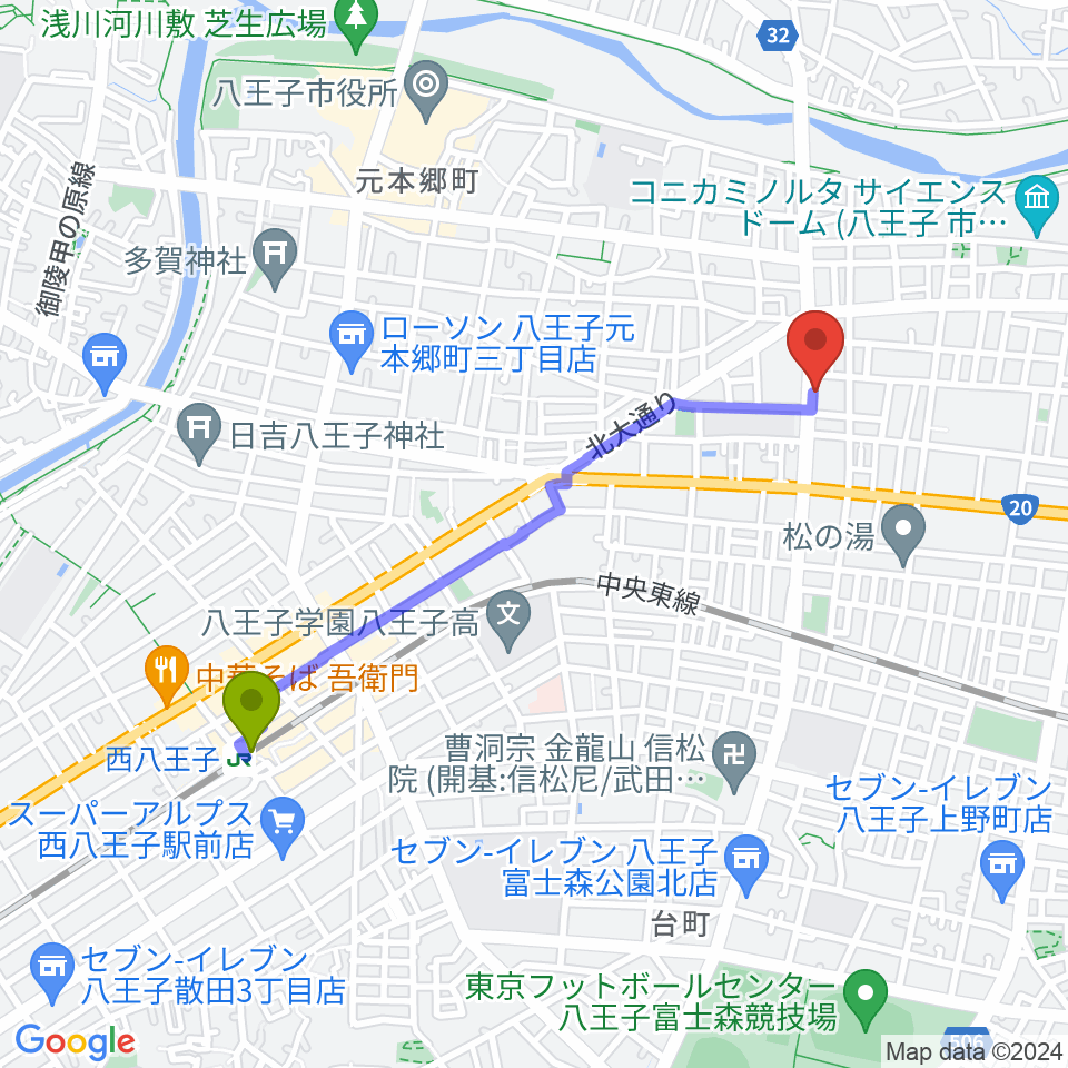 宮崎楽器の最寄駅西八王子駅からの徒歩ルート（約19分）地図