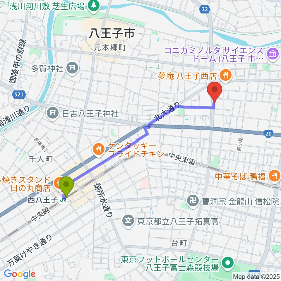 宮崎楽器の最寄駅西八王子駅からの徒歩ルート（約19分）地図
